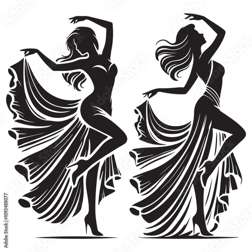  Woman dancing in a flowing dress silhouette vector art black color design and solid white background 