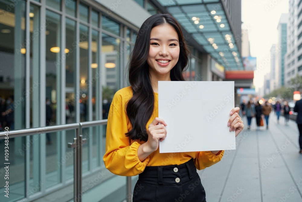 Photograph of a smiling Asian woman in yellow blouse and black pants holding a blank white sign in city. Photograph of a smiling Asian woman in yellow blouse and black pants holding a blank white sign in city.