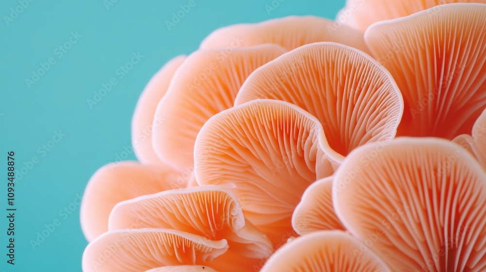 Delicate and Elegant Close-Up of Soft Pink Mushroom Gills Against a Light Blue Background in a Stunning Nature Photography Capture Delicate and Elegant Close-Up of Soft Pink Mushroom Gills Against a Light Blue Background in a Stunning Nature Photography Capture