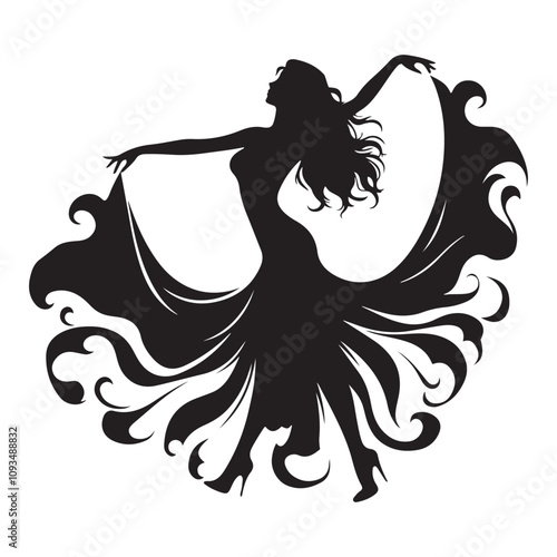  Woman dancing in a flowing dress silhouette vector art black color design and solid white background 