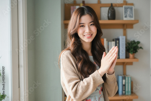 Photograph of a smiling, light-skinned woman with long brown hair, wearing a floral top and beige cardigan, clapping hands happy in a bright room.