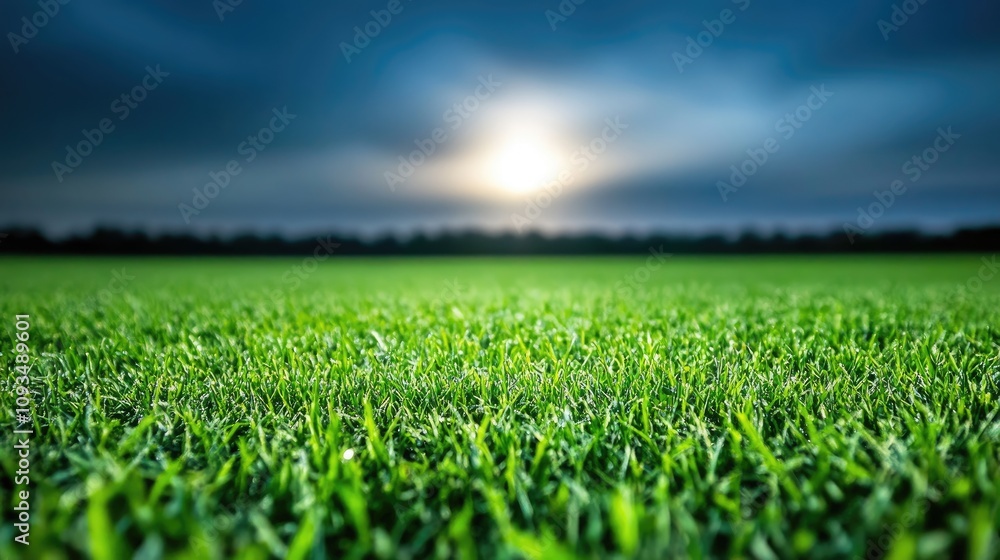 Lush Green Grass Field Under Cloudy Sky with Sunlight Breaking Through, Capturing Nature's Serenity and Beauty in a Tranquil Environment