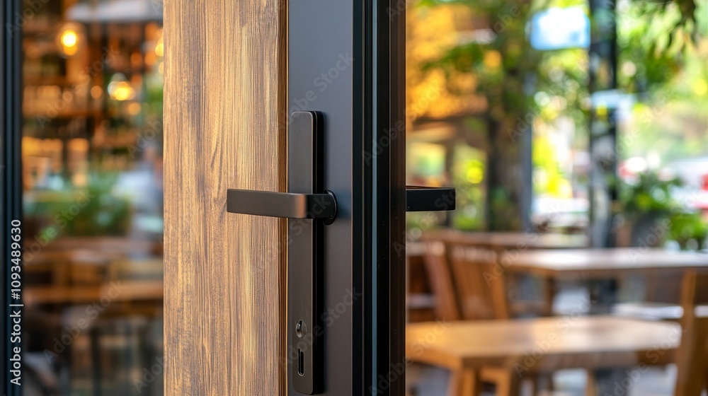 A sleek metal door handle on a glass door with wooden frames at a cafe entrance. A sleek metal door handle on a glass door with wooden frames at a cafe entrance.