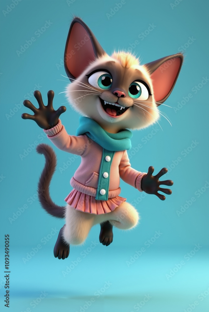 Fototapeta premium 3d digital illustration featuring a cute, anthropomorphic siamese cat on blue background