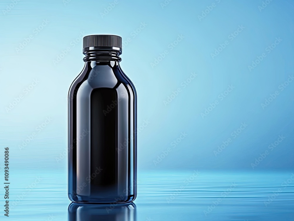 Dark Glass Bottle Filled with Liquid on Smooth Surface Against Soft Blue Background for Health or Beverage Product Presentation Dark Glass Bottle Filled with Liquid on Smooth Surface Against Soft Blue Background for Health or Beverage Product Presentation