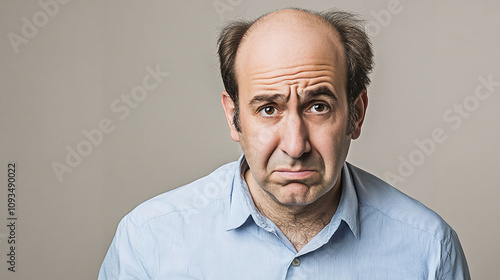 Middle-aged man with patchy uneven balding pattern on the top of his head highlighting visible insecurity