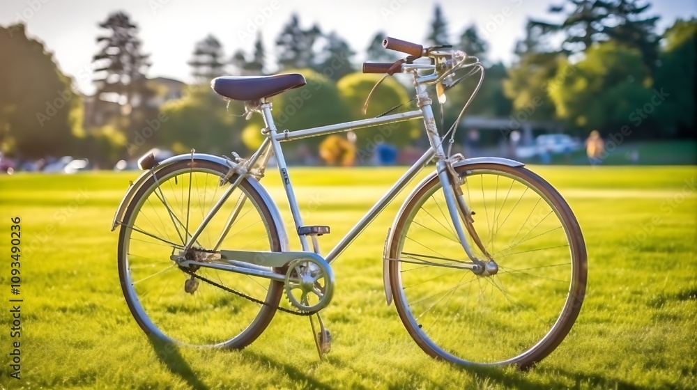 Fototapeta premium Vintage Bicycle Resting On Sunny Green Grass