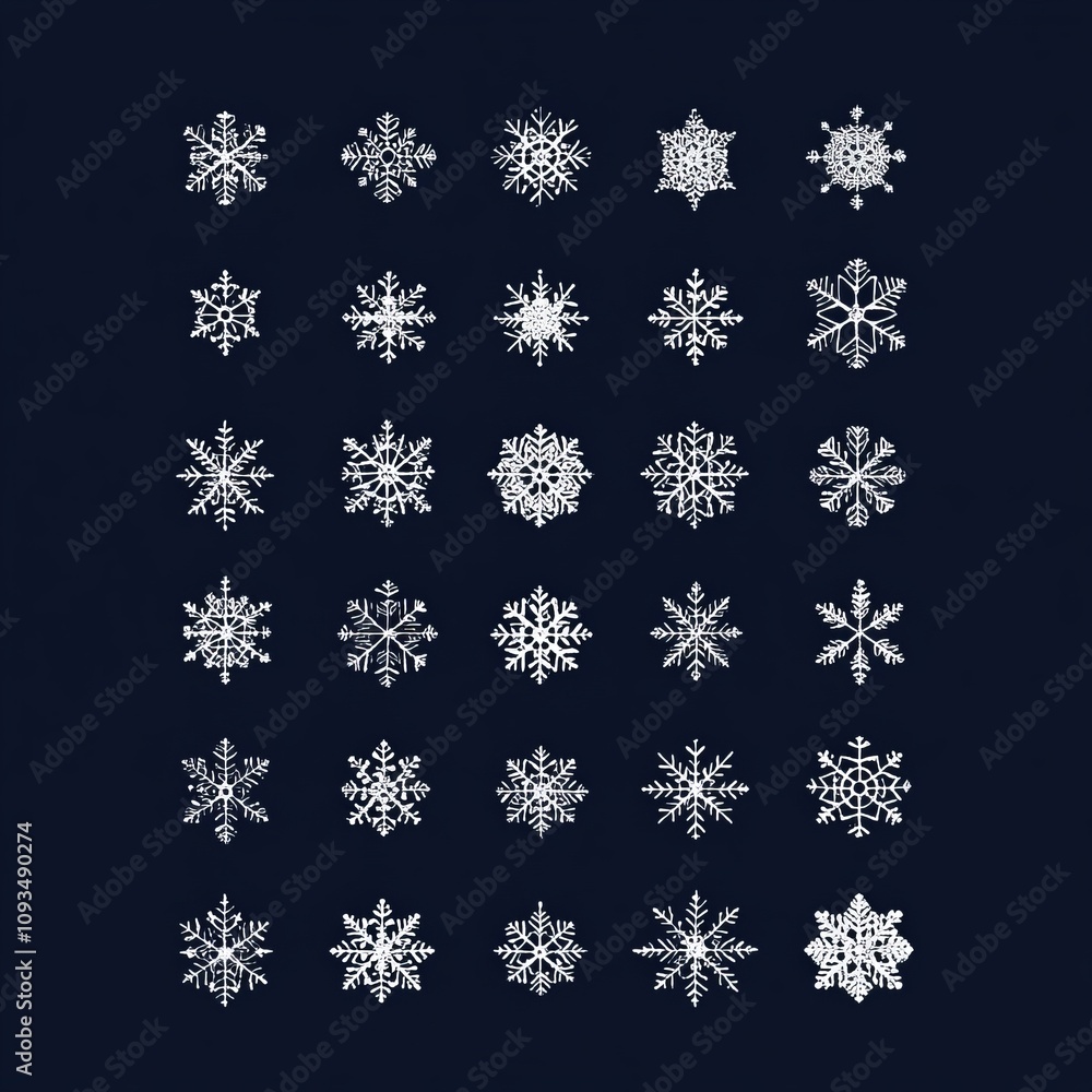 An assortment of modern snowflakes. Twenty white winter icons displayed on a blue background. An assortment of modern snowflakes. Twenty white winter icons displayed on a blue background.