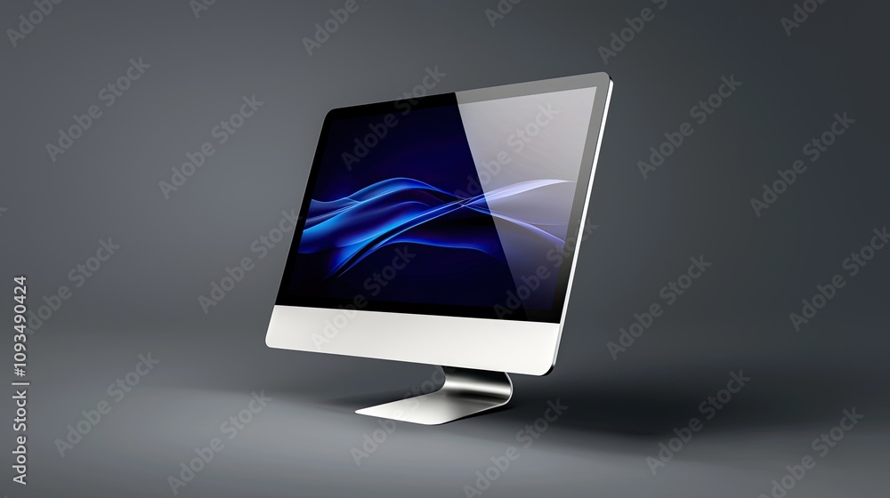 Modern Desktop Computer Displaying Abstract Blue Waves on a Sleek Gray Background, Showcasing Advanced Technology and Minimalist Design Aesthetic