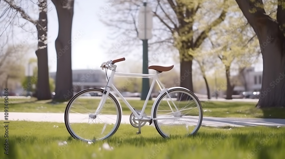 Fototapeta premium White Bicycle Parked in a Sunny Park Setting