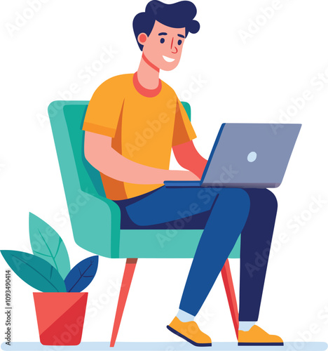 a boy is using his laptop vector