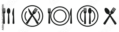 Flat icon of spoon, fork, knife and plate. Restaurant utensil symbol. menu logo, Symbol of cutlery. Cutlery or tableware in restaurant, kitchen. Vector illustration on transparent background.