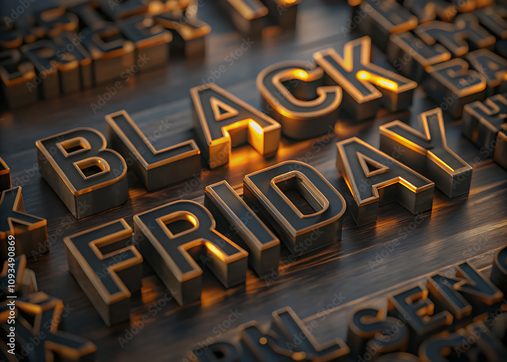 3D rendered Black Friday text in dark metallic letters with gold trim, illuminated, on a dark wood background. 3D rendered Black Friday text in dark metallic letters with gold trim, illuminated, on a dark wood background.