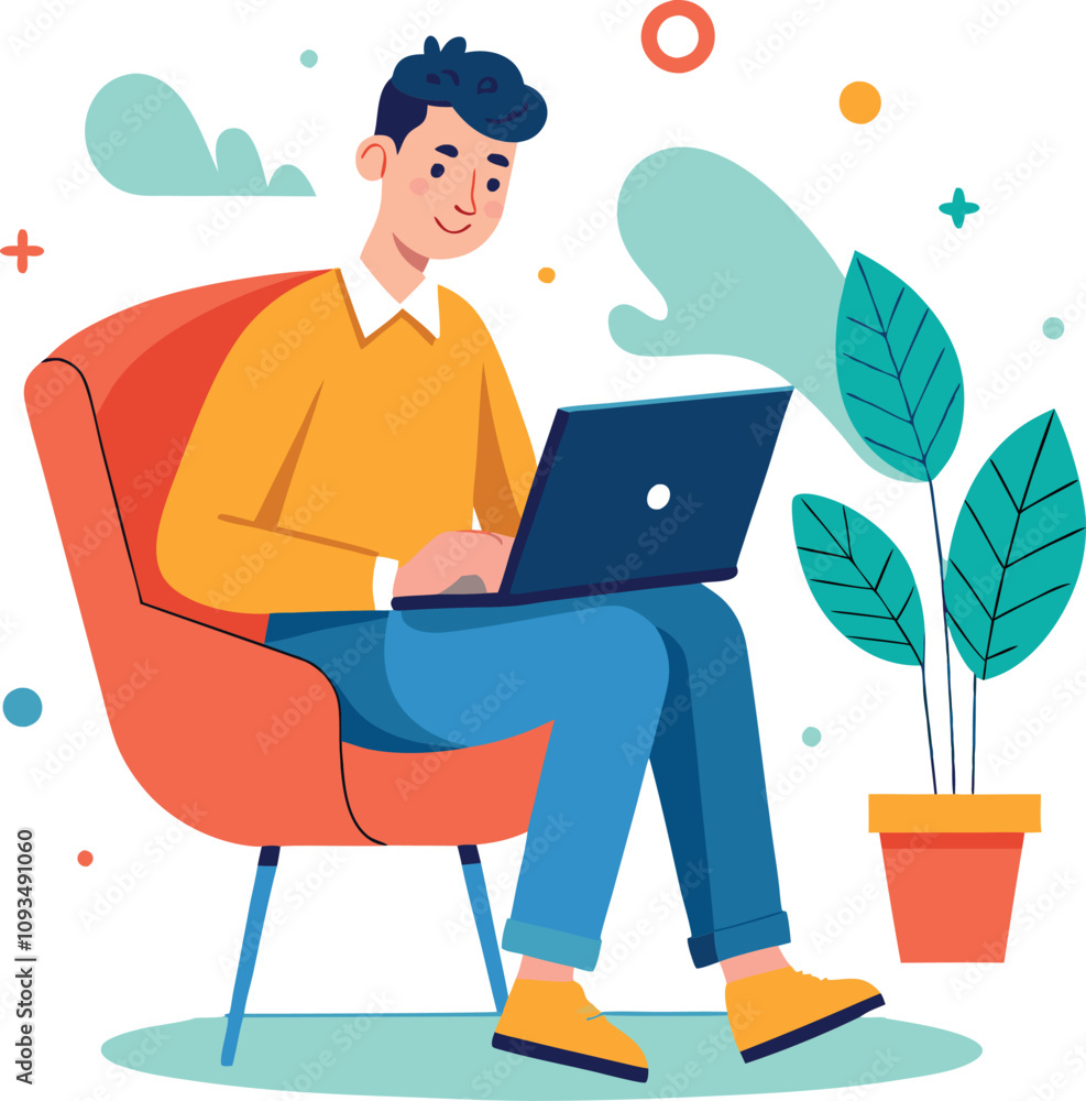 a boy is using his laptop vector a boy is using his laptop vector