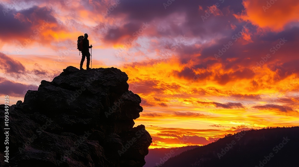 Silhouette of a Hiker on a Rocky Outcrop Against a Stunning Sunset Sky with Vibrant Orange and Purple Clouds in a Scenic Mountain Landscape Silhouette of a Hiker on a Rocky Outcrop Against a Stunning Sunset Sky with Vibrant Orange and Purple Clouds in a Scenic Mountain Landscape