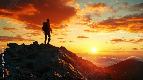 Inspirational Solo Hiker Standing on a Rocky Peak During a Vibrant Sunset with Dramatic Clouds and Breathtaking Landscape in the Background