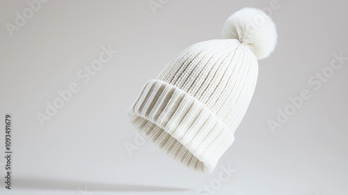 White Knit Beanie with Pom Pom Floating Against Soft Gradient Background Perfect for Winter Fashion, Accessories, and Cozy Style Photography