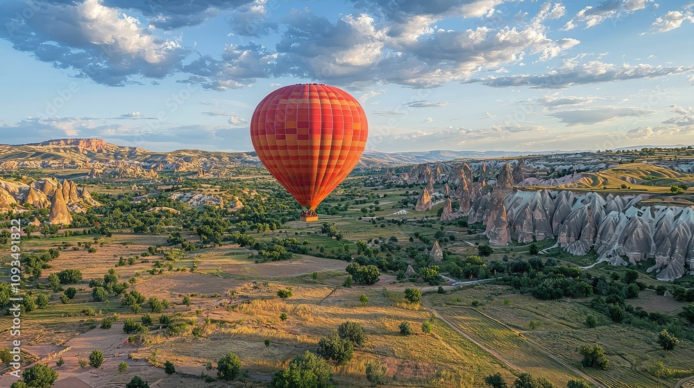 Naklejka premium Majestic Hot Air Balloon Soaring Over Scenic Terrain in Cappadocia, Turkey with Unique Rock Formations and Lush Greenery Under a Clear Blue Sky