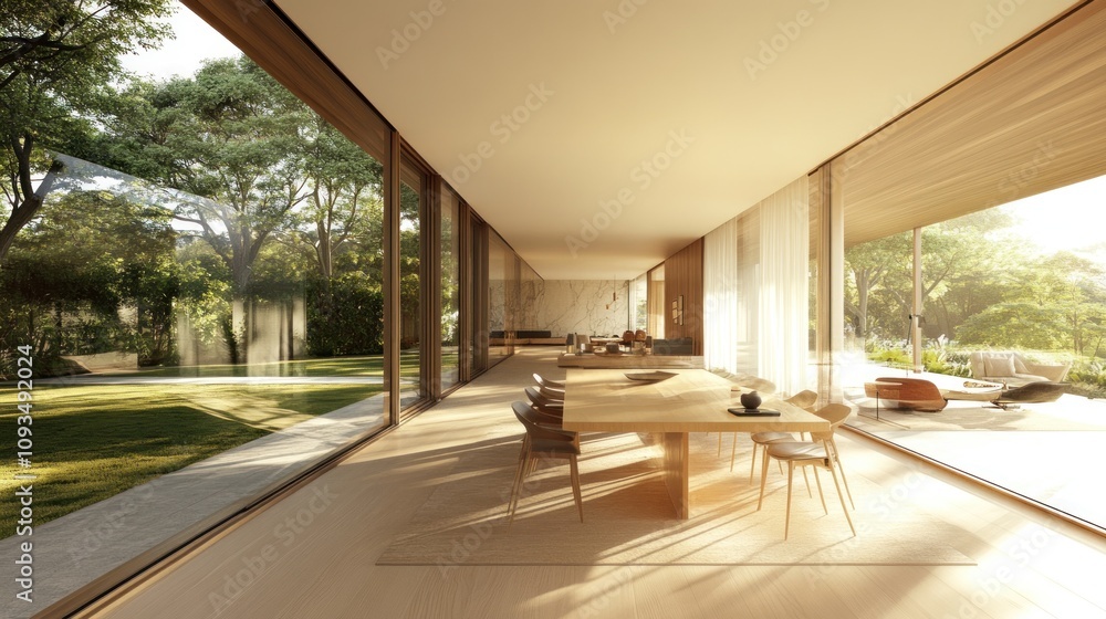 Modern minimalist home dining area with expansive garden views Modern minimalist home dining area with expansive garden views