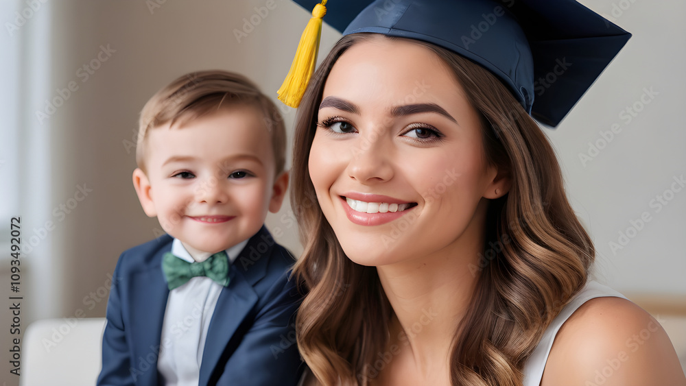 Happy graduated mother smiling with child wearing graduation cap Happy graduated mother smiling with child wearing graduation cap