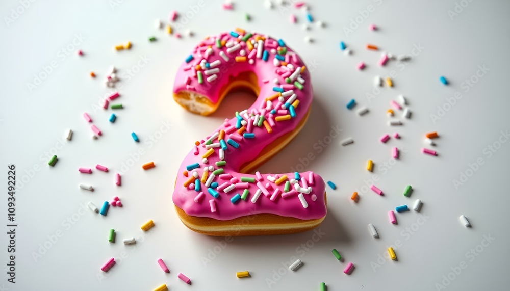 A donut shaped like the number two is covered in pink icing and colorful sprinkles, set against a white background with scattered sprinkles. A donut shaped like the number two is covered in pink icing and colorful sprinkles, set against a white background with scattered sprinkles.