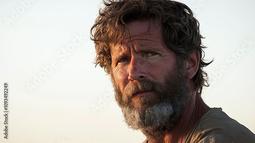 Middle-aged man with thick unkempt salt-and-pepper beard that looks scraggly and untamed photo