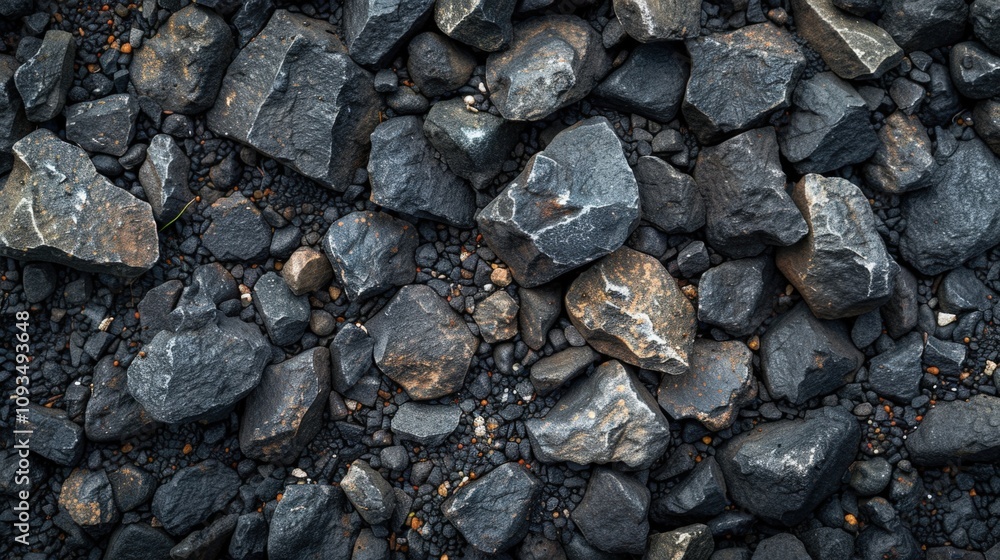 A close-up view of rugged stones scattered on the ground, showcasing their varied textures and shades, This image can be used for nature-themed projects, landscaping, environmental discussions A close-up view of rugged stones scattered on the ground, showcasing their varied textures and shades, This image can be used for nature-themed projects, landscaping, environmental discussions