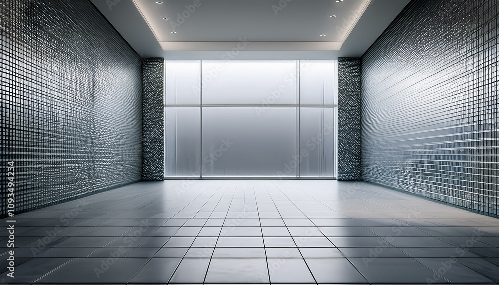 Empty modern room with tiled walls and floor in a clean environment. 3D Rendering Empty modern room with tiled walls and floor in a clean environment. 3D Rendering
