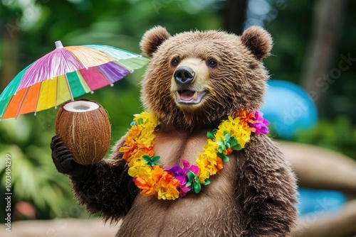 A bear wearing a Hawaiian lei, holding a coconut drink with a colorful paper umbrella