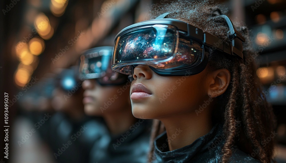 Augmented Reality Learning Hub, students wearing AR glasses in a tech-driven library. Show them exploring 3D holographic models of historical artifacts, Augmented Reality Learning Hub, students wearing AR glasses in a tech-driven library. Show them exploring 3D holographic models of historical artifacts,