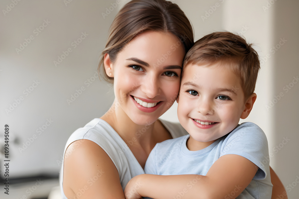 Happy mother embracing her smiling son at home Happy mother embracing her smiling son at home