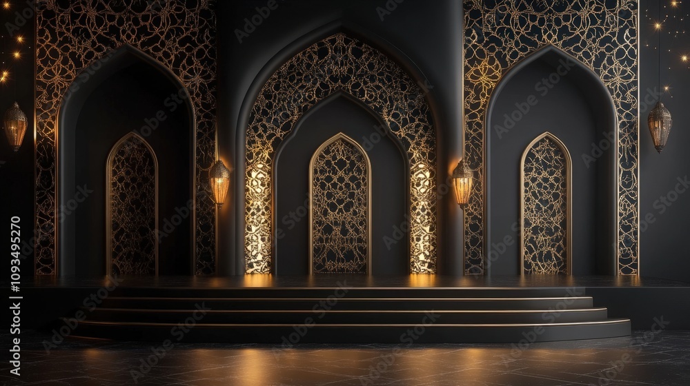 A luxurious interior featuring ornate arches and decorative wall patterns illuminated by warm lighting, Ideal for backgrounds in events, cultural themes, or promotional materials, A luxurious interior featuring ornate arches and decorative wall patterns illuminated by warm lighting, Ideal for backgrounds in events, cultural themes, or promotional materials,
