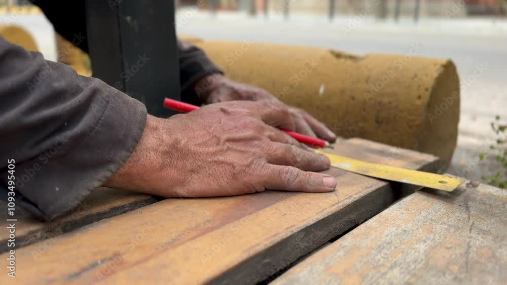 close - up of worker hands measuring wooden board with ruler outdoors by the construction side close - up of worker hands measuring wooden board with ruler outdoors by the construction side