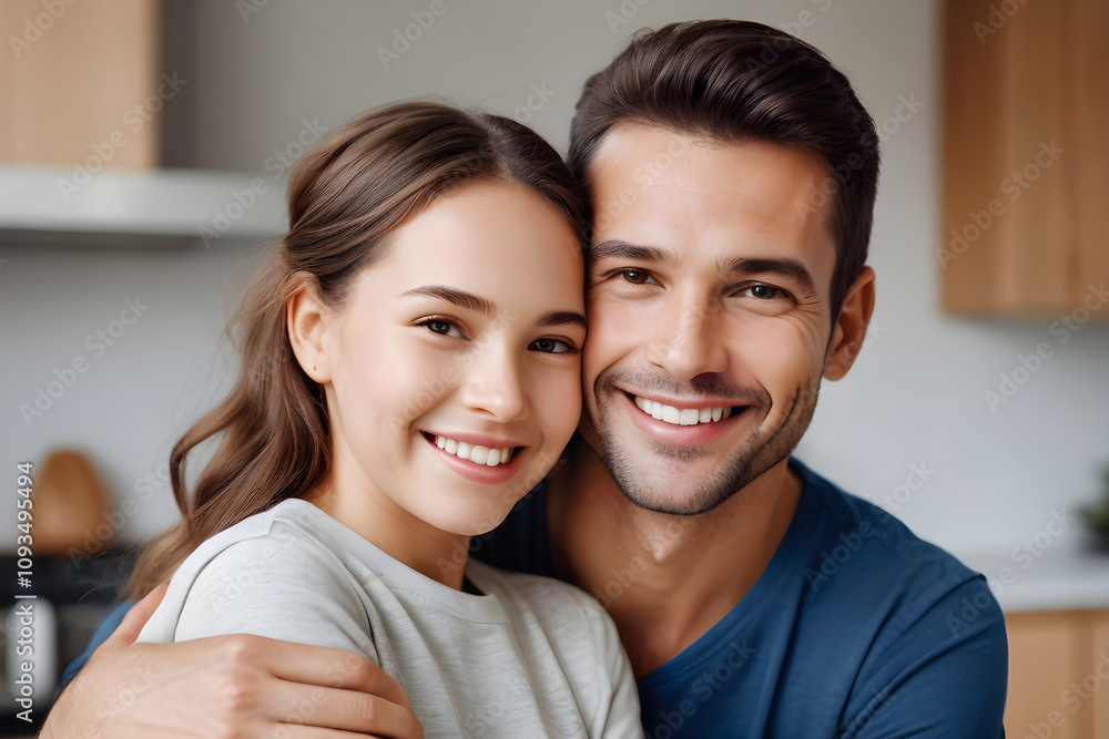 Happy couple embracing and smiling in modern kitchen Happy couple embracing and smiling in modern kitchen