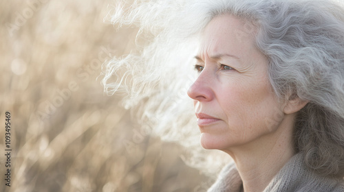 Middle-aged woman with frizzy coarse hair that appears dry brittle and unmanageable photo