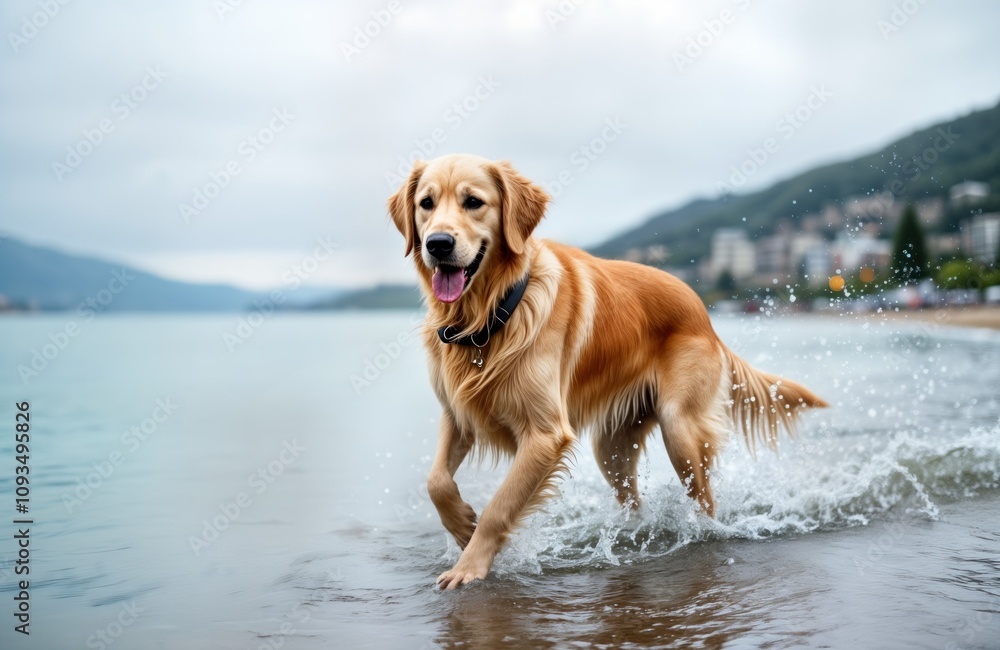 Golden retriever dog runs playfully in shallow water at beach. Dog enjoys fun outdoor activity. Calm ocean waves splash around dog. Cloudy day. Happy pet. Active lifestyle. Coastal scenery. Dog owner