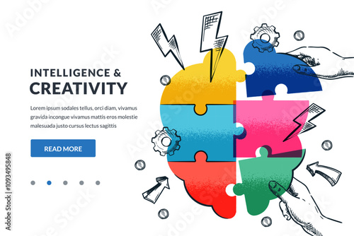 Creativity, intelligence, education concept. Human hands joining brain shape puzzle. Vector hand drawn illustration