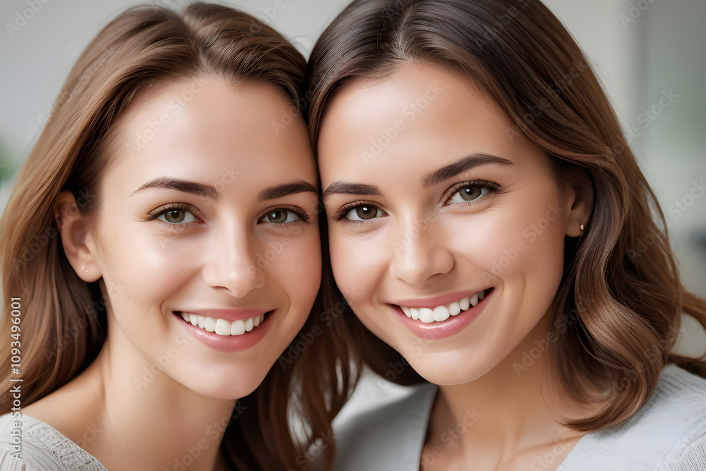 Two smiling young women showing perfect white teeth are posing together Two smiling young women showing perfect white teeth are posing together
