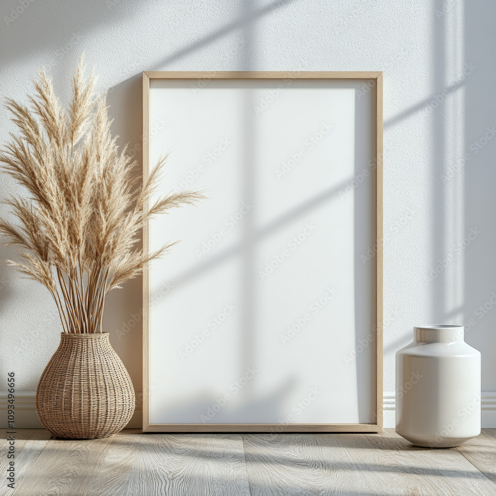 Poster mockup, plain white poster in a light wood frame, simple neutral background, Poster mockup, plain white poster in a light wood frame, simple neutral background,