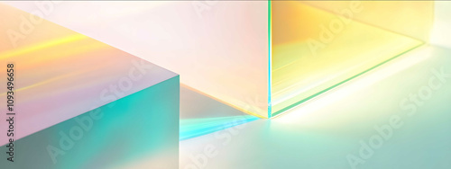 A close up of the corner edge showing an prisim motion on a white background with a neon green and yellow gradient light hues of teal capturing its blur as it moves photo