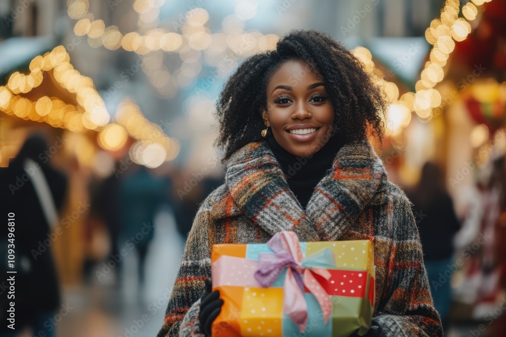 Woman, winter coat, gift bag, Christmas street, Christmas shopping, festive lights - holiday greeting card or festive background Woman, winter coat, gift bag, Christmas street, Christmas shopping, festive lights - holiday greeting card or festive background