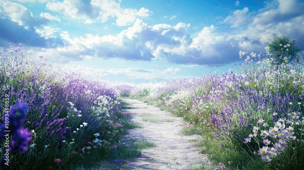 Obraz premium Serene Pathway Through Lush Lavender Fields Under a Bright Blue Sky with Fluffy Clouds Enhancing the Tranquil Landscape and Natural Beauty of a Summer Day