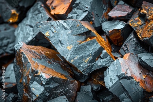 Detailed close-up of dark metallic ore with striking orange highlights, showcasing natural textures, Ideal for use in geology, mining, and environmental themes, as well as art and design projects, photo