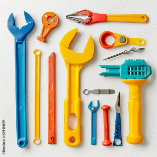 create a photo of kids plastic tools, white background 