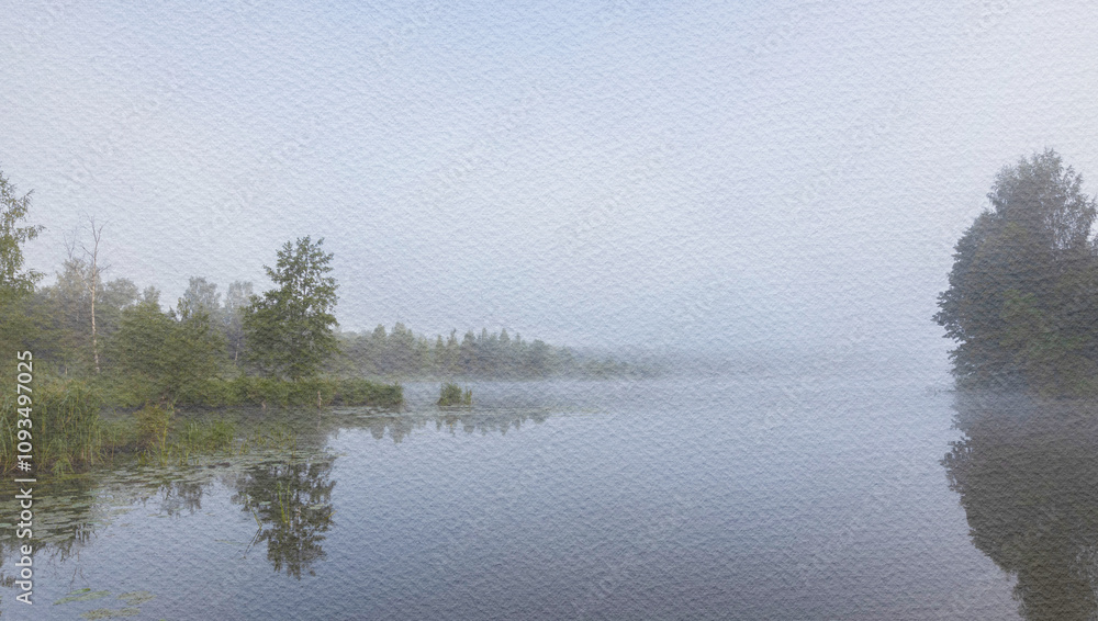 Fototapeta premium Foggy morning with a lake in the background