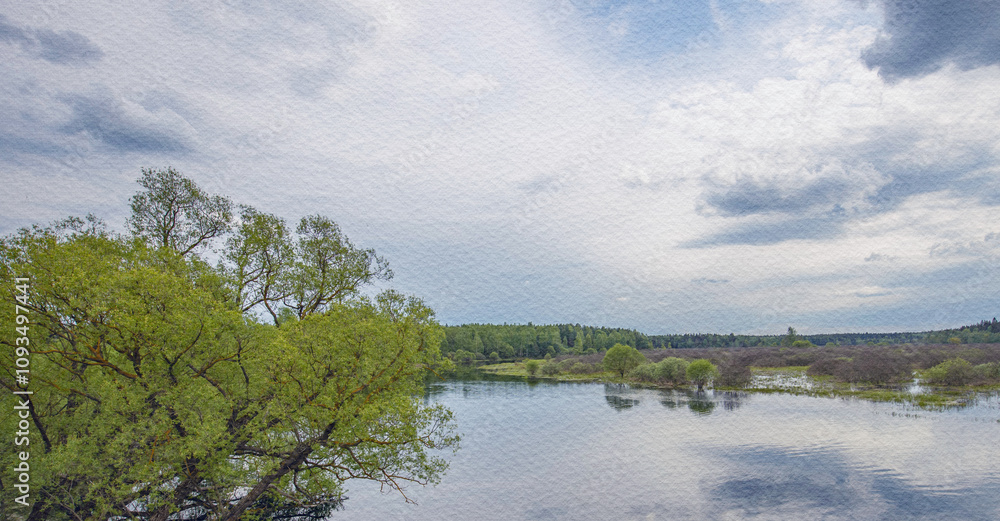Calm lake with trees in the background Calm lake with trees in the background