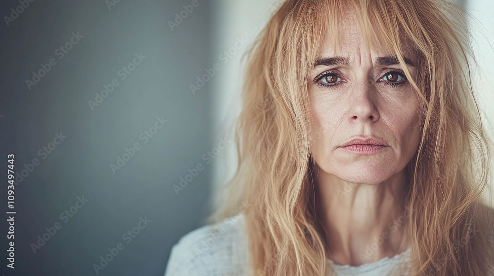 Middle-aged woman with split ends and dull lifeless blonde hair lacking vibrancy Middle-aged woman with split ends and dull lifeless blonde hair lacking vibrancy