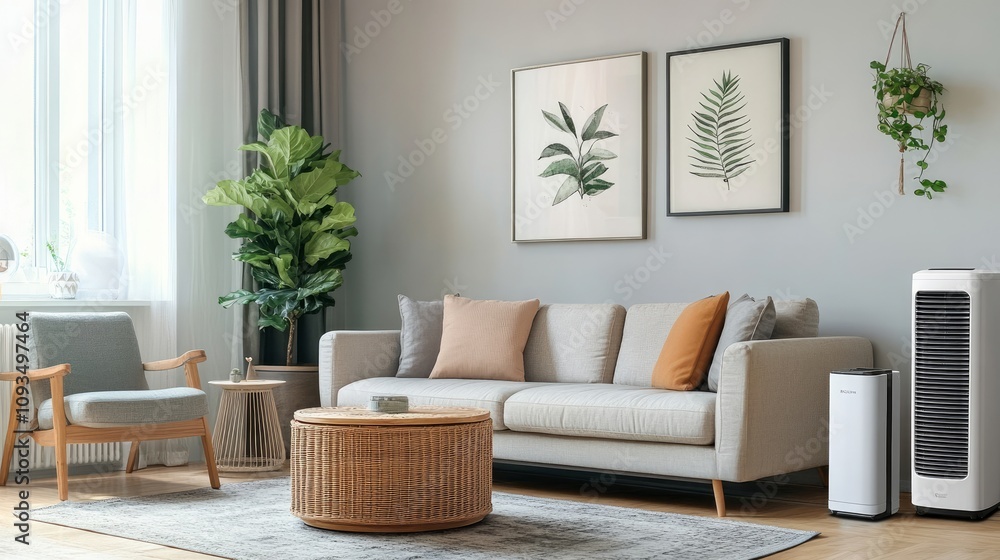 Fototapeta premium Portable air conditioner in a cozy modern living room. 