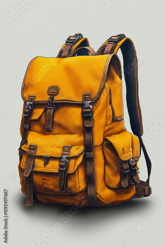 A yellow backpack with brown straps on a gray background photo