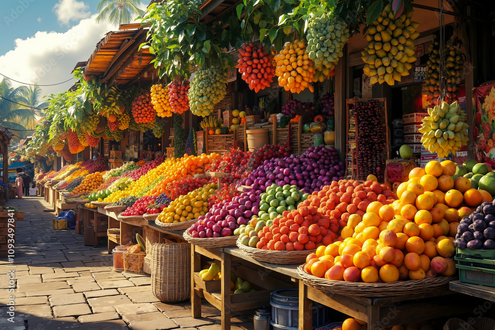 A fruit stand with baskets of fruit on display in front of a building A fruit stand with baskets of fruit on display in front of a building
